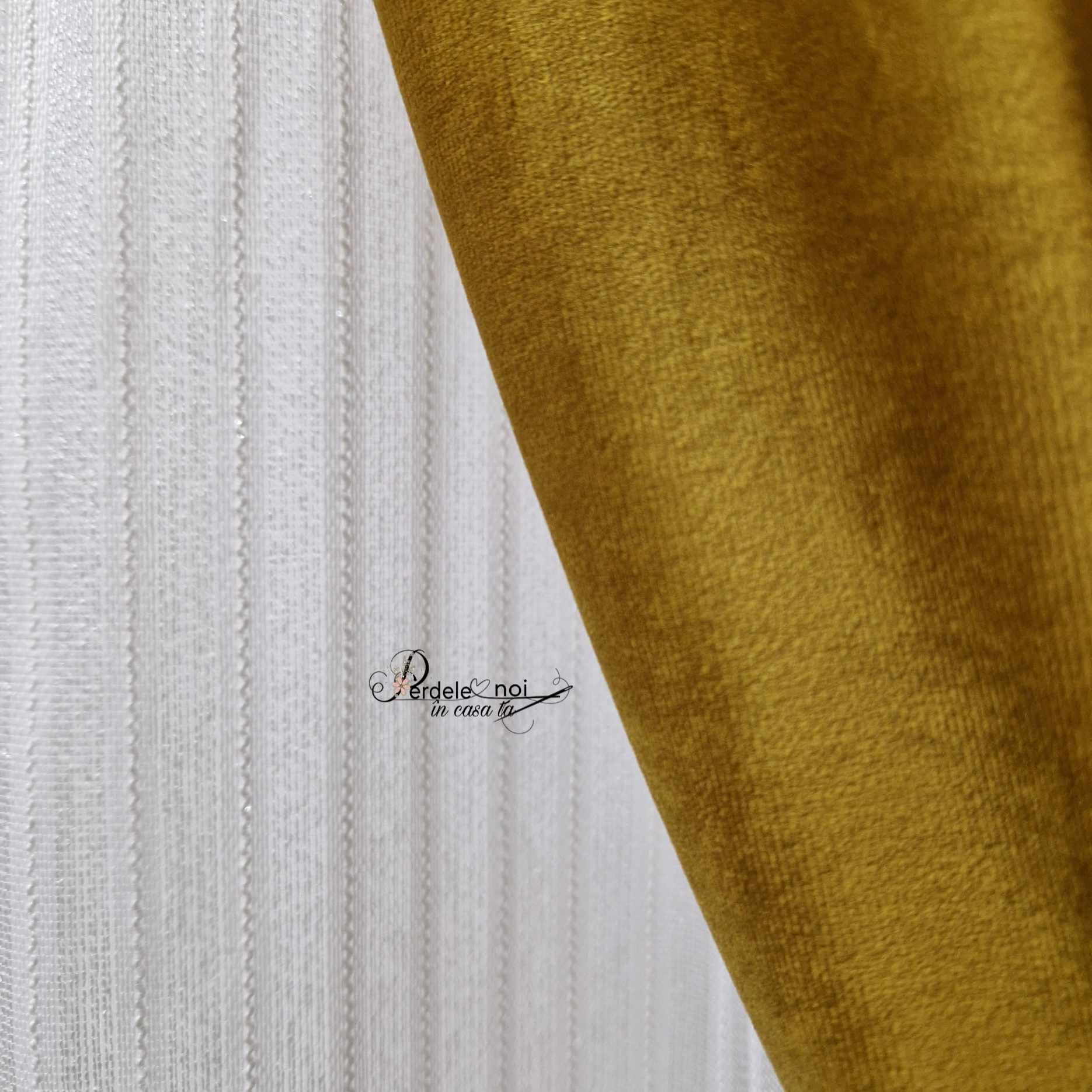 Set Defne alb - perdea Defne alb și draperie catifea muștar Set Defne alb - perdea Defne alb și draperie catifea muștar