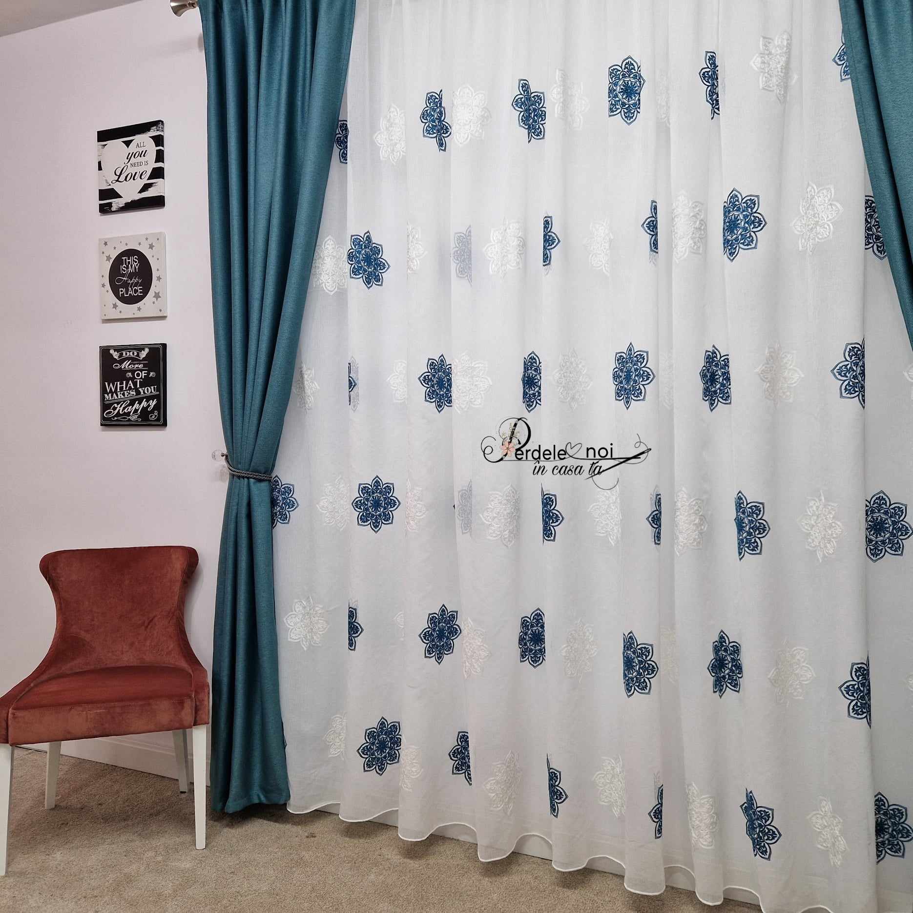Set Fatih - perdea in cu flori stea turcoise și draperie rustic turcoise Set Fatih - perdea in cu flori stea turcoise și draperie rustic turcoise
