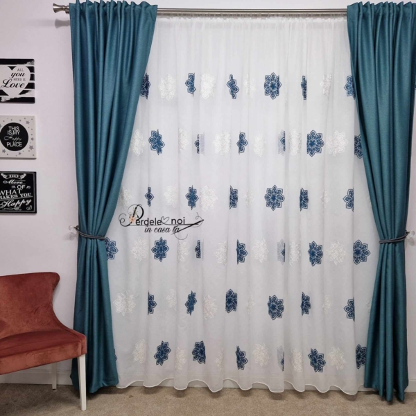 Set Fatih - perdea in cu flori stea turcoise și draperie rustic turcoise Set Fatih - perdea in cu flori stea turcoise și draperie rustic turcoise