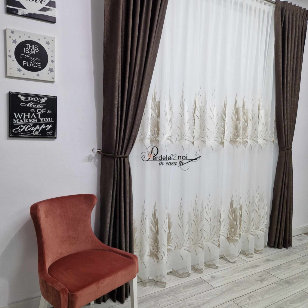 Sale Perdea cu frunze bej brodate, 2,90 x 2.40h, rejansa universala